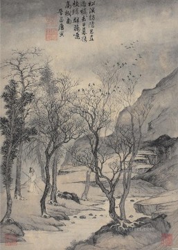 中国 Painting - 唐陰の山のアンティーク中国の隠遁者